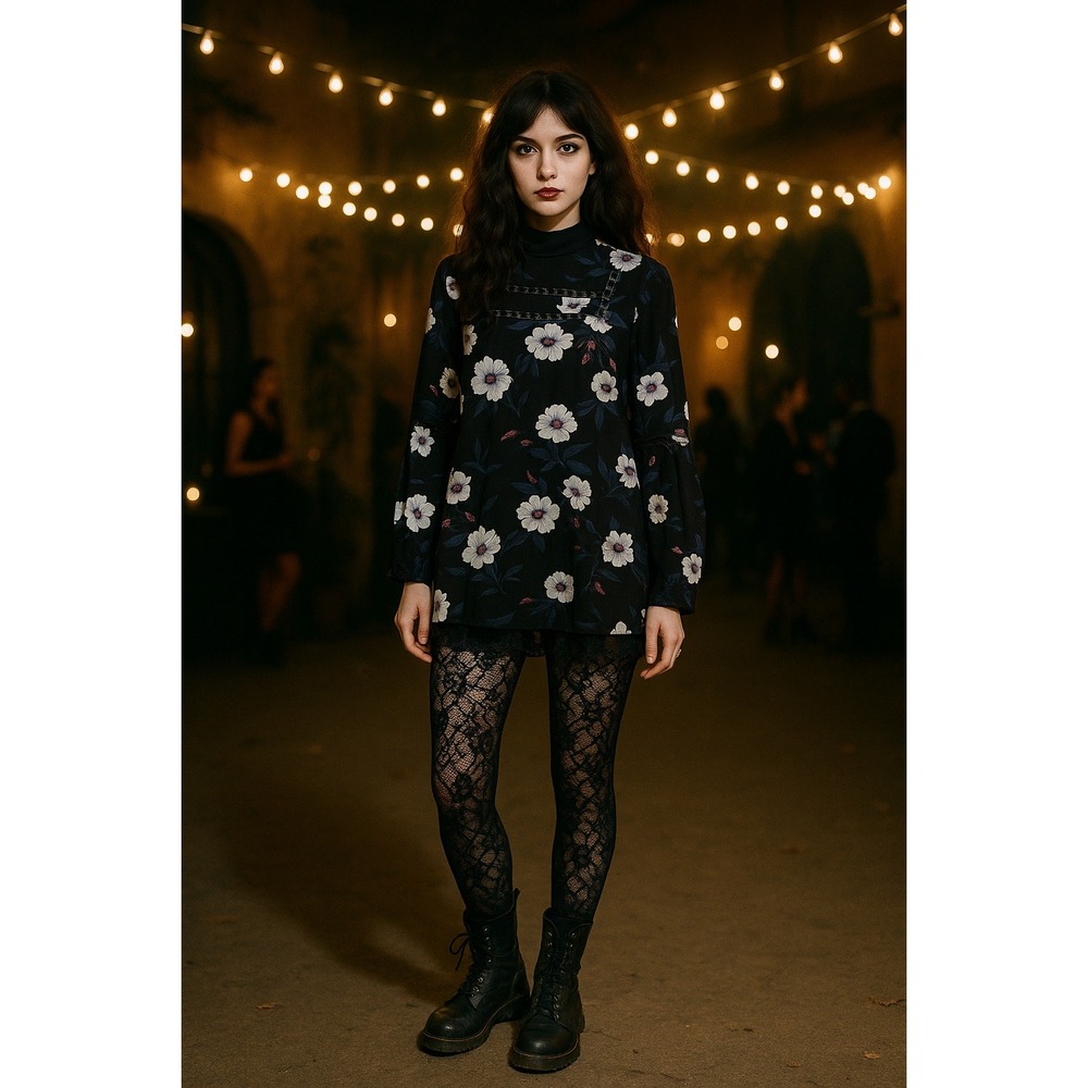 Whimsigoth Fairy Grunge  Boho‎ M Black Floral Crochet Bell Sleeve Tunic Blouse